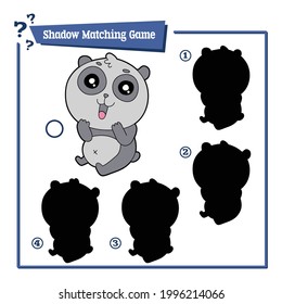 Vector illustration of shadow matching educational game with happy cartoon panda bear character for children