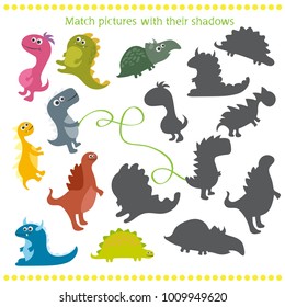 Vector illustration of shadow matching game with cartoon dinosaur for children