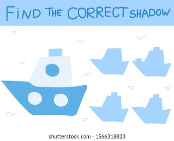 Vector illustration of shadow matching game with cartoon boat for children. children s education. learning. Exercises 