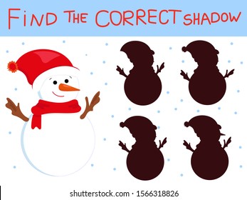 Vector illustration of shadow matching game with cartoon snowman for children. children s education. learning. Exercises 