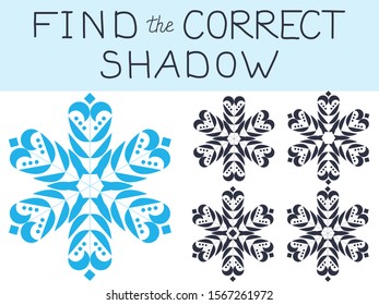Vector illustration of shadow matching game with beautiful blue snowflake for children. children's education. learning. Exercises 