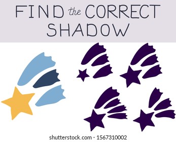 Vector illustration of shadow matching game with Outer Space childish pictures with stars, comets, cosmic elements for children. children's education. learning. Exercises 