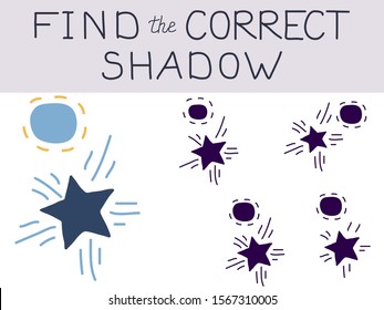 Vector illustration of shadow matching game with Outer Space childish pictures with stars, comets, cosmic elements for children. children's education. learning. Exercises 