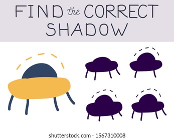 Vector illustration of shadow matching game with Outer Space childish pictures with stars, comets, cosmic elements for children. children's education. learning. Exercises 
