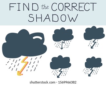 Vector illustration of shadow matching game with thundercloud and lightning for children. children's education. learning. Exercises 