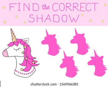 Vector illustration of shadow matching game with Unicorn for children. children's education. learning. Exercises 