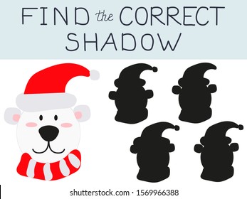 Vector illustration of shadow matching game with Christmas bear for children. children's education. learning. Exercises 