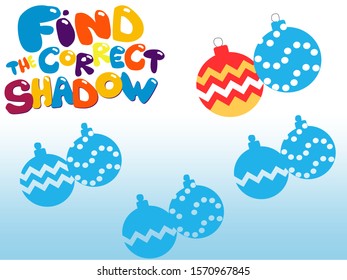 Vector illustration of shadow matching game with colored cartoon Christmas balls for children. children s education. learning. Exercises 