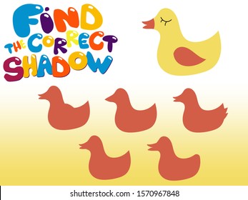 Vector illustration of shadow matching game with cartoon duck for children. children s education. learning. Exercises 