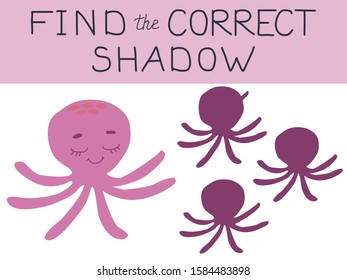 Vector illustration of shadow matching game with purple octopus for children. children's education. learning. Exercises. Animal  and shadows are isolated on white background.