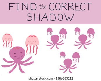 Vector illustration of shadow matching game with crab and starfish for children. children's education. learning. Exercises. Animals and shadows are isolated on white background.