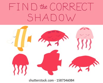 Vector illustration of shadow matching game with underwater marine animals for children. children's education. learning. Exercises. Animals and shadows are isolated on white background.