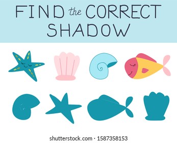 Vector illustration of shadow matching game with underwater marine animals for children. children's education. learning. Exercises. Animals and shadows are isolated on white background.