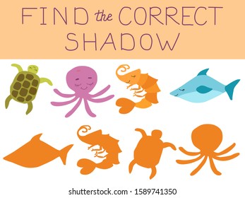 Vector illustration of shadow matching game with underwater marine animals for children. children's education. learning. Exercises. Animals and shadows are isolated on white background.
