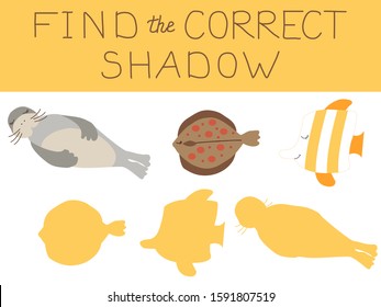 Vector illustration of shadow matching game with underwater marine animals for children. children's education. learning. Exercises. Animals and shadows are isolated on white background.