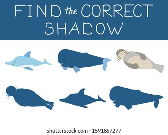 Vector illustration of shadow matching game with underwater marine animals for children. children's education. learning. Exercises. Animals and shadows are isolated on white background.
