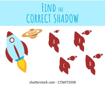 Vector illustration of shadow matching game with cartoon rocket and planet for children. children s education. learning. Exercises isolated on white