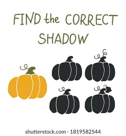 Vector illustration of a shadow matching game with pumpkin for Halloween for kids. Education of children.  Exercises. Concept Of Halloween.