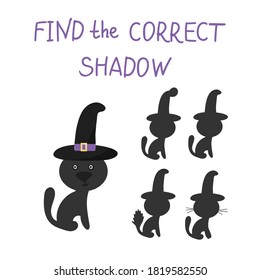 Vector illustration of a shadow matching game with a cat in a hat for Halloween for kids. Education of children.  Exercises. Concept Of Halloween.