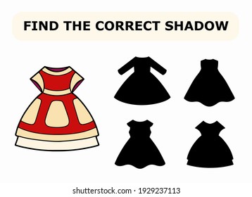 Vector illustration of shadow matching game for children. Vector isolated cartoon red dress on the white background. Learning activity.