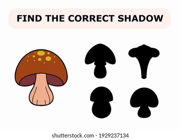 Vector illustration of shadow matching game for children. Vector isolated cartoon muchroom on the white background. Learning activity.