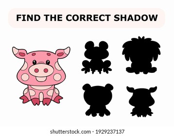 Vector illustration of shadow matching game for children. Vector isolated cartoon pig on the white background. Learning activity.