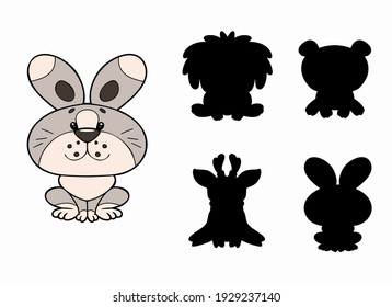 Vector illustration of shadow matching game for children. Vector isolated cartoon rabbit on the white background. Learning activity.