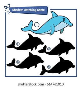 Vector illustration of shadow matching game with cartoon dolphin for children