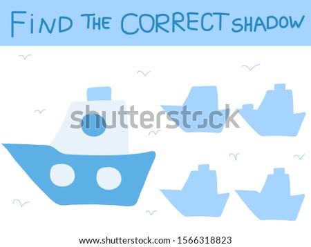 Vector illustration of shadow matching game with cartoon boat for children. children s education. learning. Exercises 