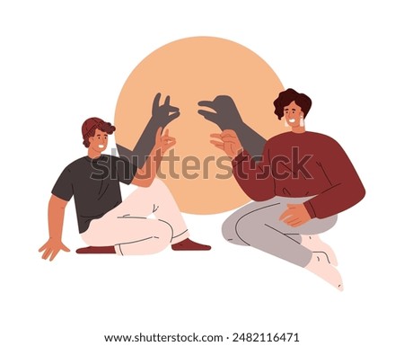 Vector illustration with the shadow theater. Mother and son create silhouettes of animals such as a bird and a dog on the wall for an evening game