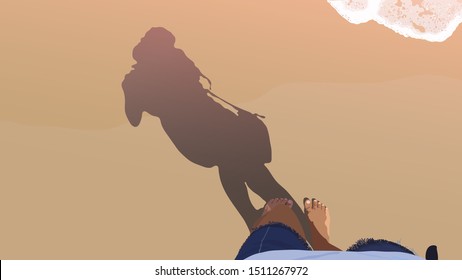 vector illustration of shadow of a woman on the beach with sea wave, sunny summer vibe