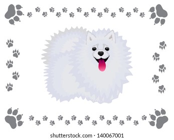 Vector illustration, shaggy, fluffy dog - Spitz, in the frame of the traces