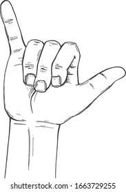 Vector illustration of shaka calling finger sign sketch. Hand showing phone gesture. Vintage hand-drawn style.