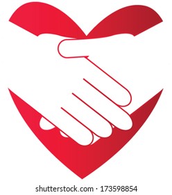 Vector illustration of shake hands in love sign resembling the connection between two in purpose of relationship,  business,  wedding etc.
