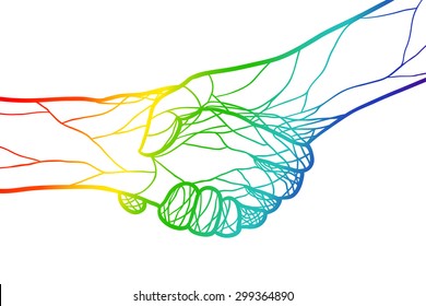 Vector Illustration shakes iridescent hands 