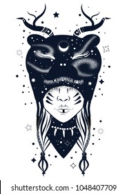 Vector illustration of shaman girl with bear headdress and horns. Double exposure style. Can be used for textile, greeting card, coloring book, phone case print.