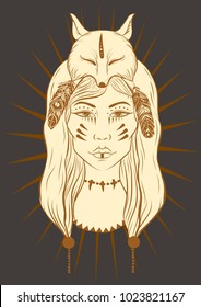 Vector illustration of shaman girl with fox  headdress, feathers and retro burst.Woman in fox skin. Can be used for textile, greeting card, coloring book, phone case print.