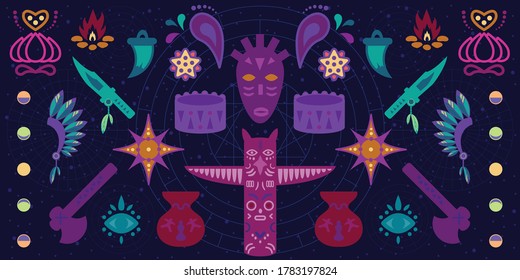 vector illustration of shaman mask and amulets fortune telling tools blue symmetric background