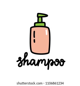 Vector illustration of a shampoo bottle. Illustration of personal hygiene and healthcare with lettering isolated in doodle cartoon style.