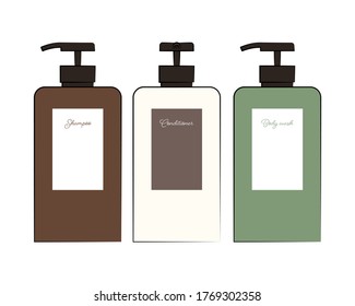 Ilustración vectorial de champú y acondicionador y botellas de lavado corporal