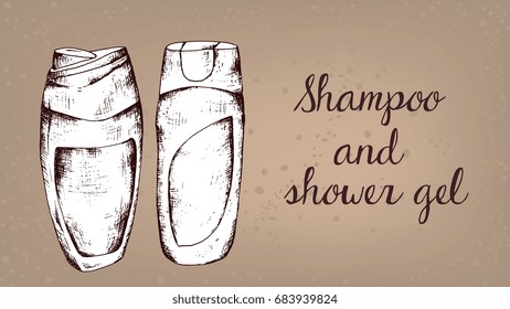 Vector Illustration of Shampoo and Shower Gel Vintage Sketch Style