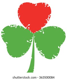 vector illustration of a shamrock grunge leaf with red heart petal
