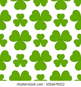 Vector illustration of shamrock seamless pattern on white background. Saint Patricks Day symbol in flat style. Green clover icon for Irish holiday.