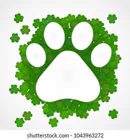 vector illustration of shamrocks with dog footprint silhouette, happy saint patrick's day, shamrock.