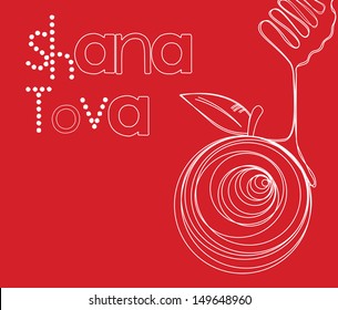 Vector illustration - Shana Tova "Happy New Year" (Hebrew) Rosh Hashana greeting card with apple and honey in red and white color. 