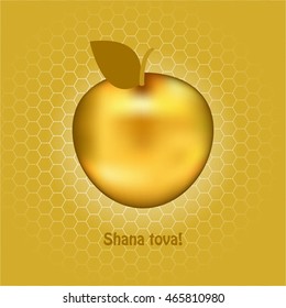 Vector illustration of Shana Tova! - Happy New Year! (Hebrew) Golden Apple against the background of honeycombs with honey.