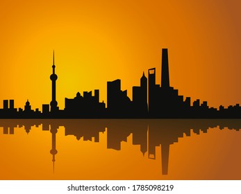 vector illustration Shanghai China city skyline at sunset buildings panorama for print 