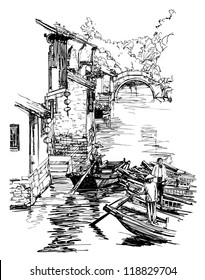 Imagen vectorial del pueblo de agua de Shanghái, Zhouzhuang, en China