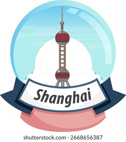 Ilustración vectorial de la icónica torre de Shanghái dentro de un globo terráqueo. Presenta líneas limpias, colores pastel y una estética moderna