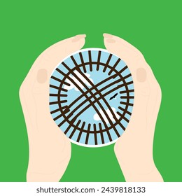 vector illustration, shanyrak in hands, sky, eagle